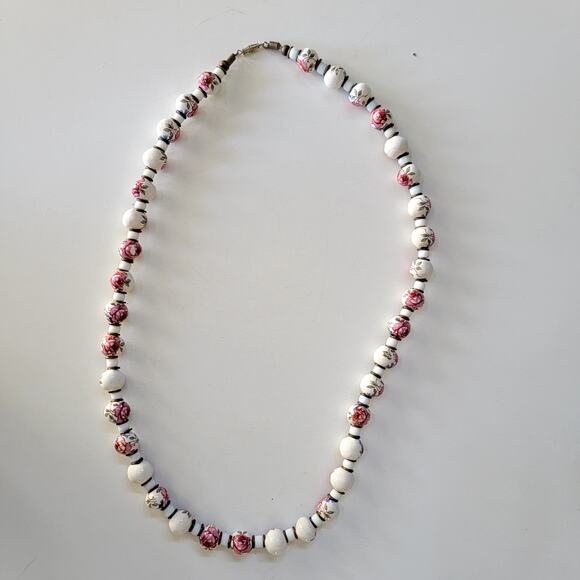 Vintage Floral Beaded Necklace, Hand-Painted Ceramic Beads with Pink Rose Design - Picture 2 of 10
